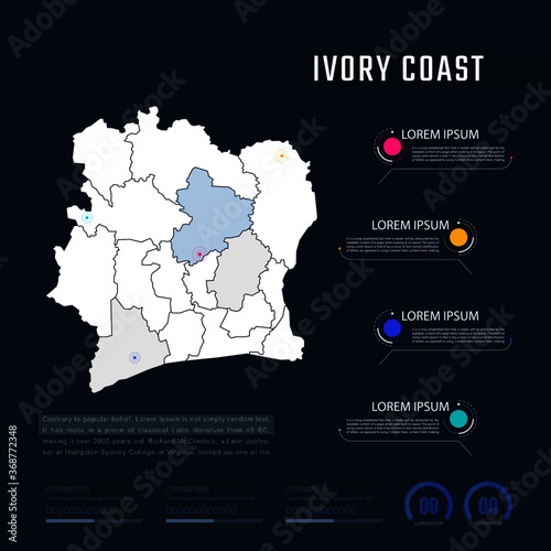 Ivory Coast country map infographics vector with pointer marks and circle chart.  Editable Infographics template. Vector illustration