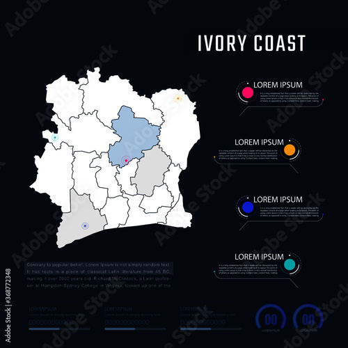 Ivory Coast country map infographics vector with pointer marks and circle chart. Editable Infographics template. Vector illustration