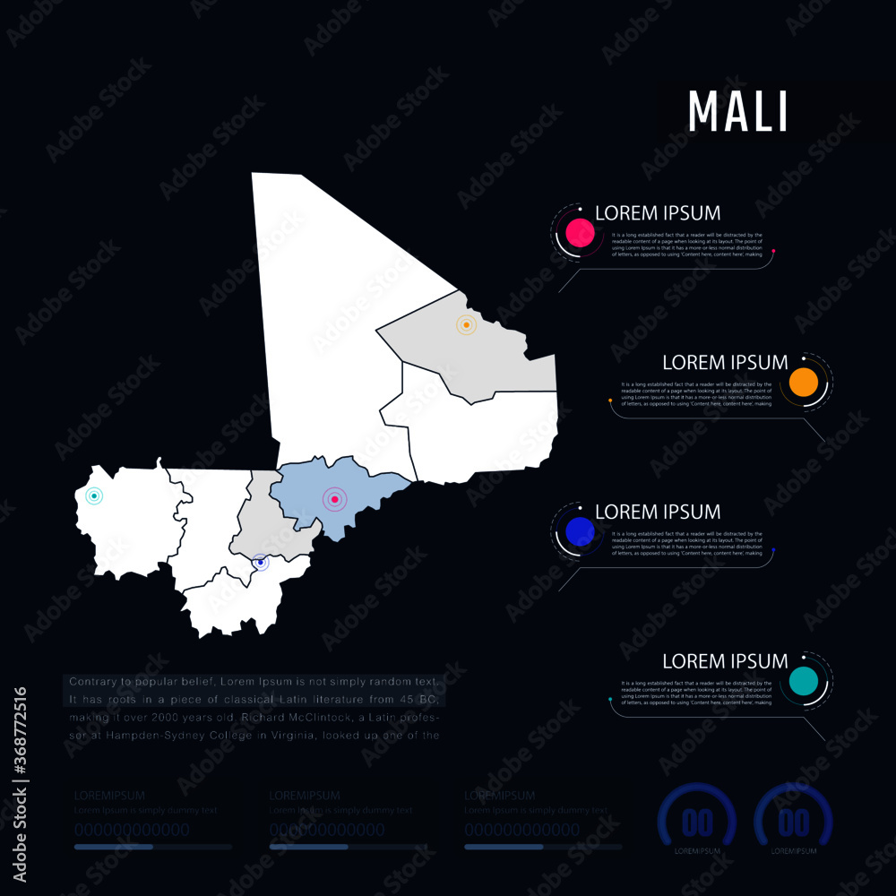 Mali country map infographics vector with pointer marks and circle chart. Editable Infographics template. Vector illustration Mali country map infographics vector with pointer marks and circle chart. Editable Infographics template. Vector illustration