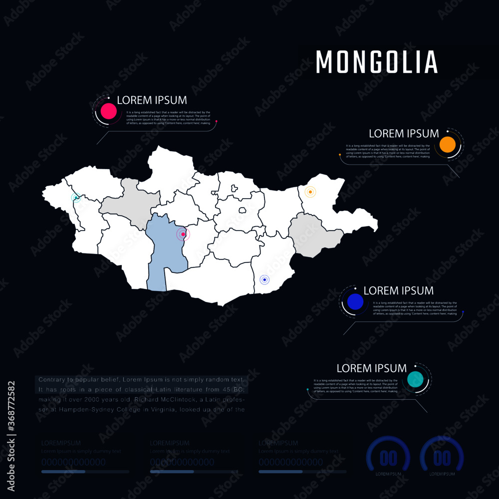 Mongolia country map infographics vector with pointer marks and circle chart.  Editable Infographics template. Vector illustration