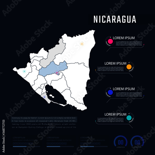 Nicaragua country map infographics vector with pointer marks and circle chart. Editable Infographics template. Vector illustration