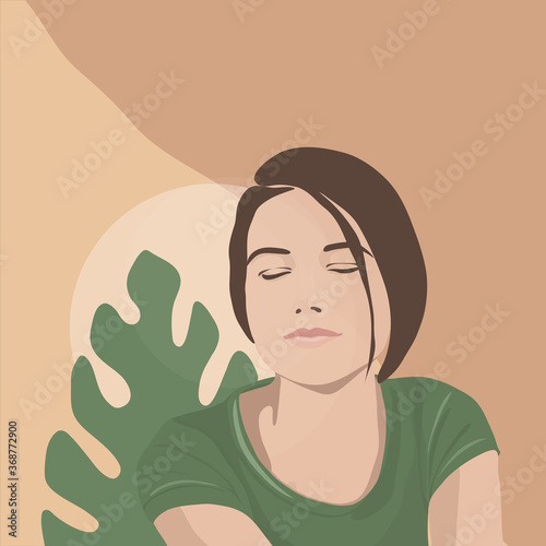 Beautiful young woman meditating, tropical leaf and flower/relaxation/ flat art vector illustration