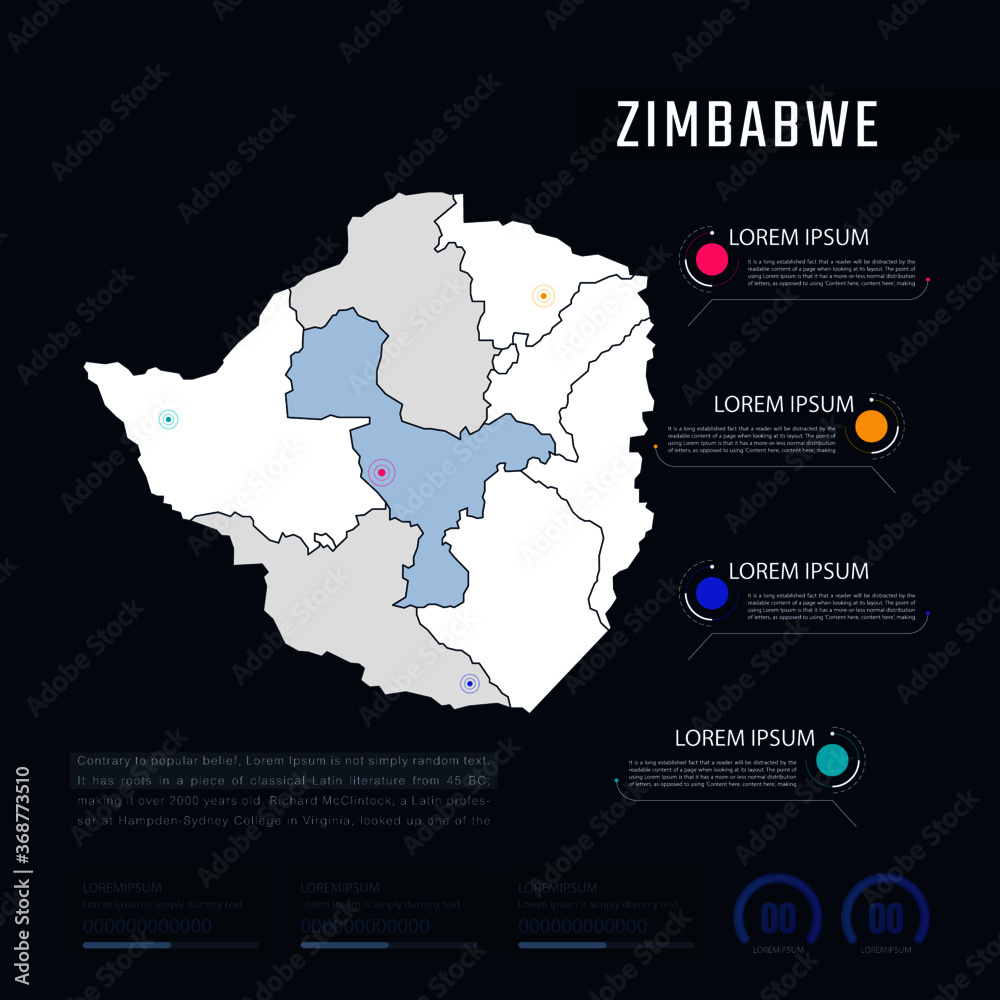 Zimbabwe country map infographics vector with pointer marks and circle chart.  Editable Infographics template. Vector illustration