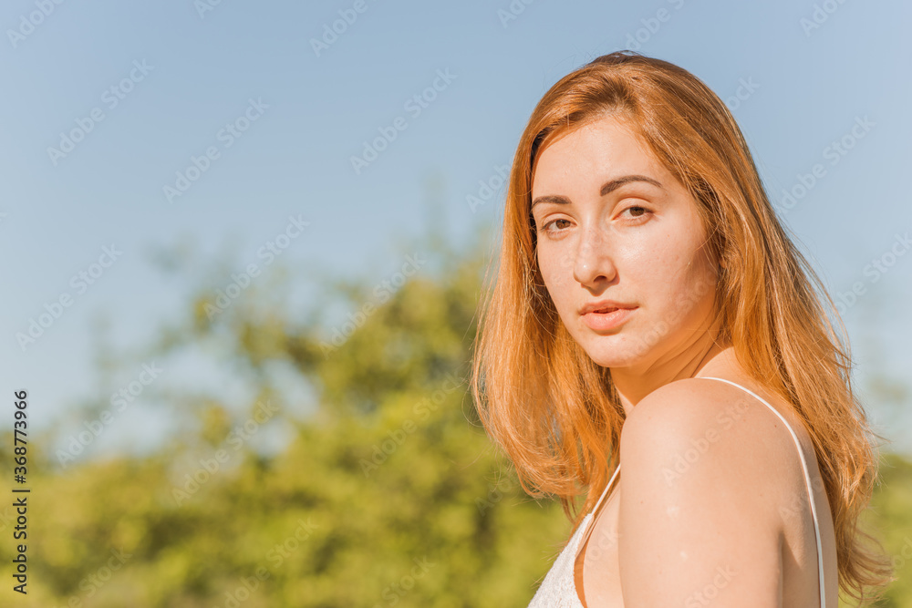 Natural trend without make up, women's beauty, no filter no retouch, woman as she is. Girl at Nature relax time