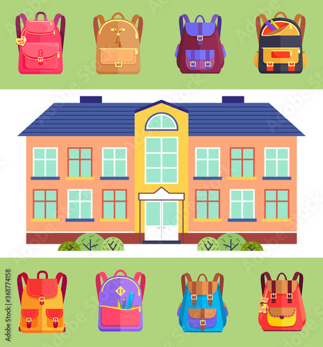 School building with set of schoolbag icons in different colors and styles. Bags for pupils or students. Green pencil and ruler, teddy bear trinket at bag. Facade front view of educational institution