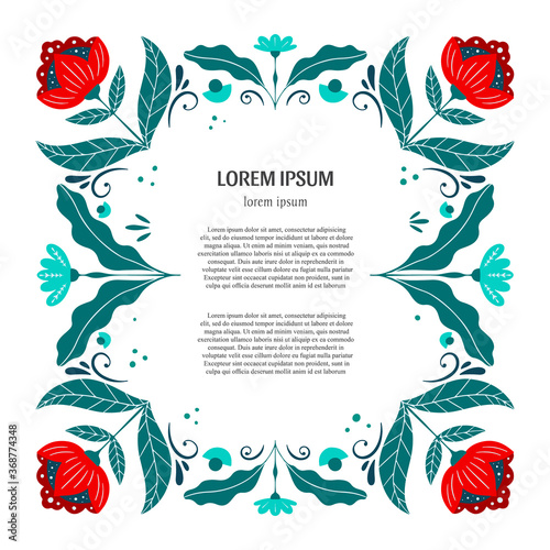 Folk art frame, flowers, floral ornament and text isolated