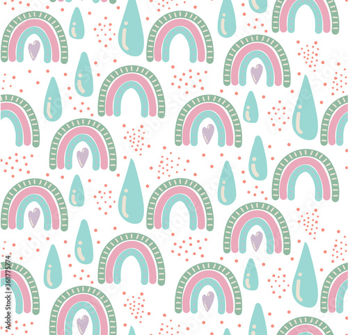Seamless childish pattern with cute rainbow, stars, clouds. Creative scandinavian kids texture for fabric, wrapping, textile, wallpaper, apparel. Vector illustration