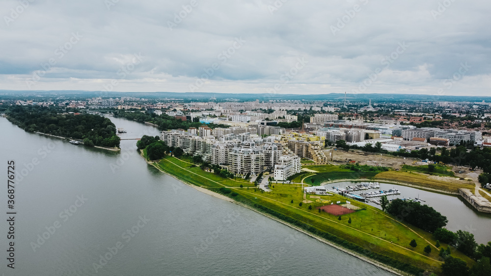 Drone view of luxury Marina Beach Residential Park in Budapest with Danube river 