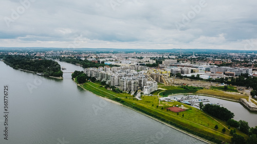Photography Drone view of luxury Marina Beach Residential Park in Budapest with Danube river