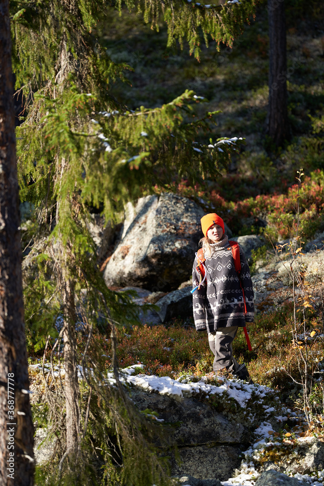 Into the wild. A young girl in the deep and wild forest of Norway Into the wild. A young girl in the deep and wild forest of Norway
