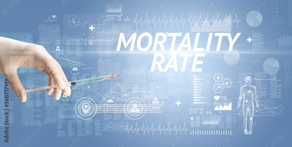 Syringe needle with virus vaccine and MORTALITY RATE inscription, antidote concept