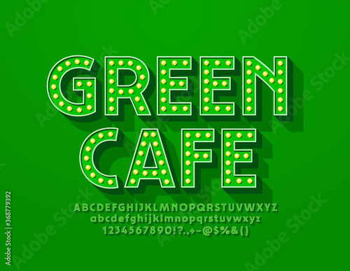 Vector retro style logo Green Cafe with Retro style Font. Lamp illuminated Alphabet Letters and Numbers