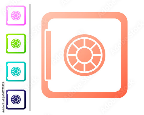 Coral Safe icon isolated on white background. The door safe a bank vault with a combination lock. Reliable Data Protection. Set color icons. Vector.