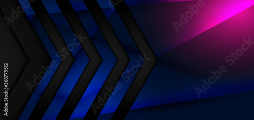 Abstract black arrow tech banner design with blue, pink glowing light. Technology concept.