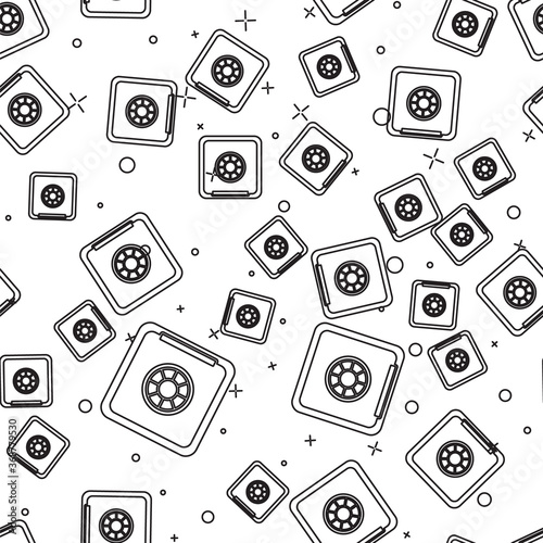 Black line Safe icon isolated seamless pattern on white background. The door safe a bank vault with a combination lock. Reliable Data Protection. Vector.