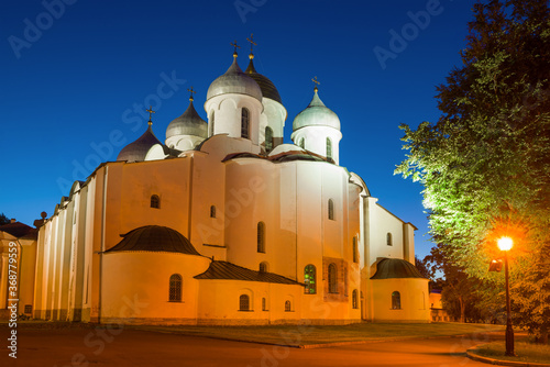 St. Sophia Cathedral close-up on a July night. Veliky Novgorod, Russia