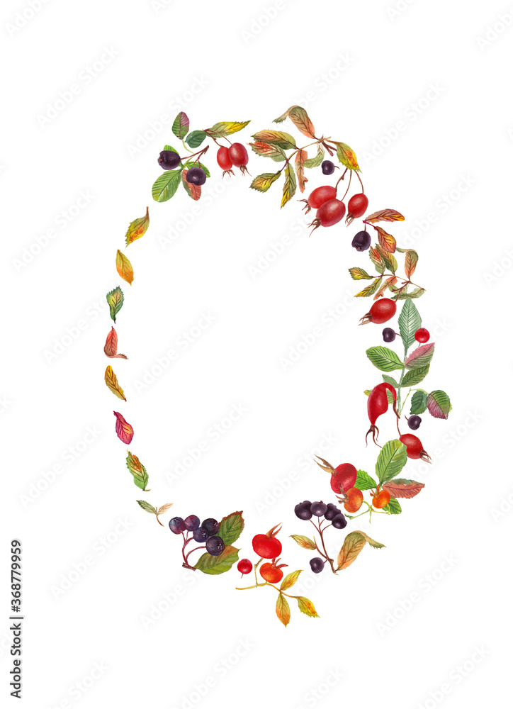 Watercolor elegant oval frame with colorful red dog rose and chokeberry  and leaves. White background.