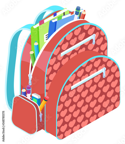 Colored school backpack. Education and study back to school, schoolbag luggage, rucksack vector illustration. Kids school bag with education equipment. Backpacks with study supplies. Student satchels