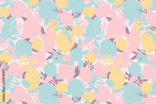 Wallpaper Mural Flowers pattern. Floral background with hand drawn stylized peonies or roses  and leaves. Torontodigital.ca