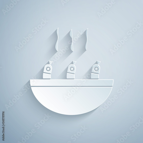 Paper cut Soup with shrimps icon isolated on grey background. Tom yum kung soup. Paper art style. Vector..