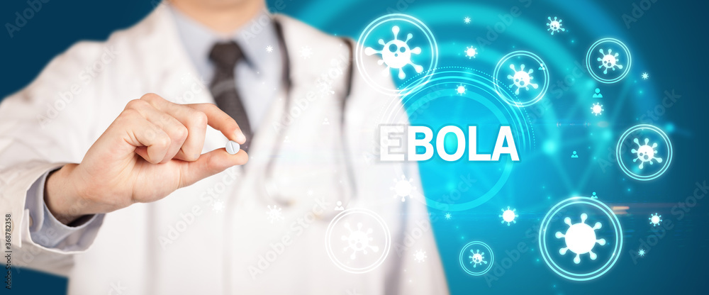 Doctor giving pill with EBOLA inscription, coronavirus concept Doctor giving pill with EBOLA inscription, coronavirus concept