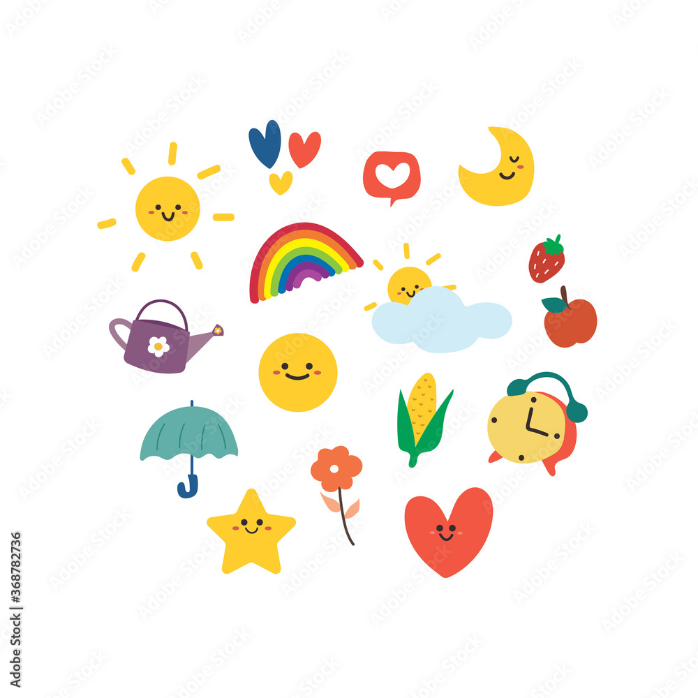 Sticker set cute icon collection for kids toys, fabric, gift wrapping paper. simple hand drawn vector Sticker set cute icon collection for kids toys, fabric, gift wrapping paper. simple hand drawn vector