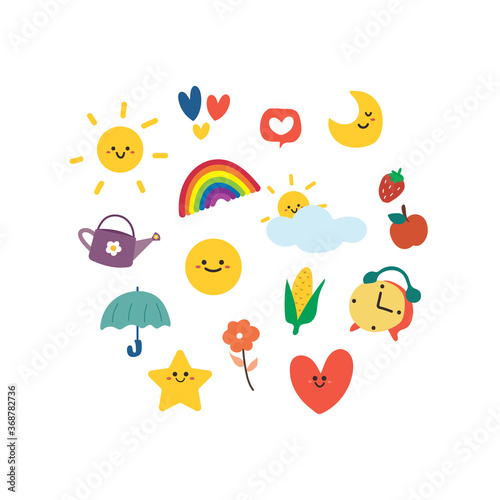 Sticker set cute icon collection for kids toys, fabric, gift wrapping paper. simple hand drawn vector