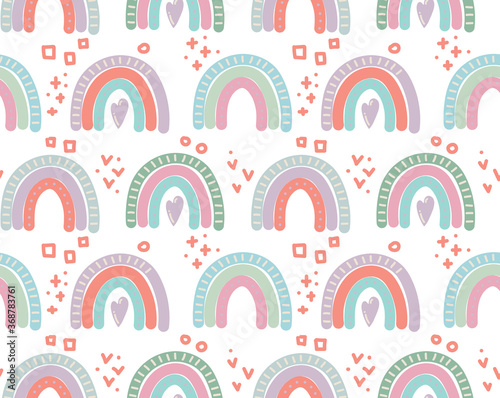 Vector seamless pattern with rainbows and raindrops clipart in trendy scandinavian style. Funny, cute, hygge, cartoon illustration for baby room wallpaper, poster, textile. Hand drawn stamp.