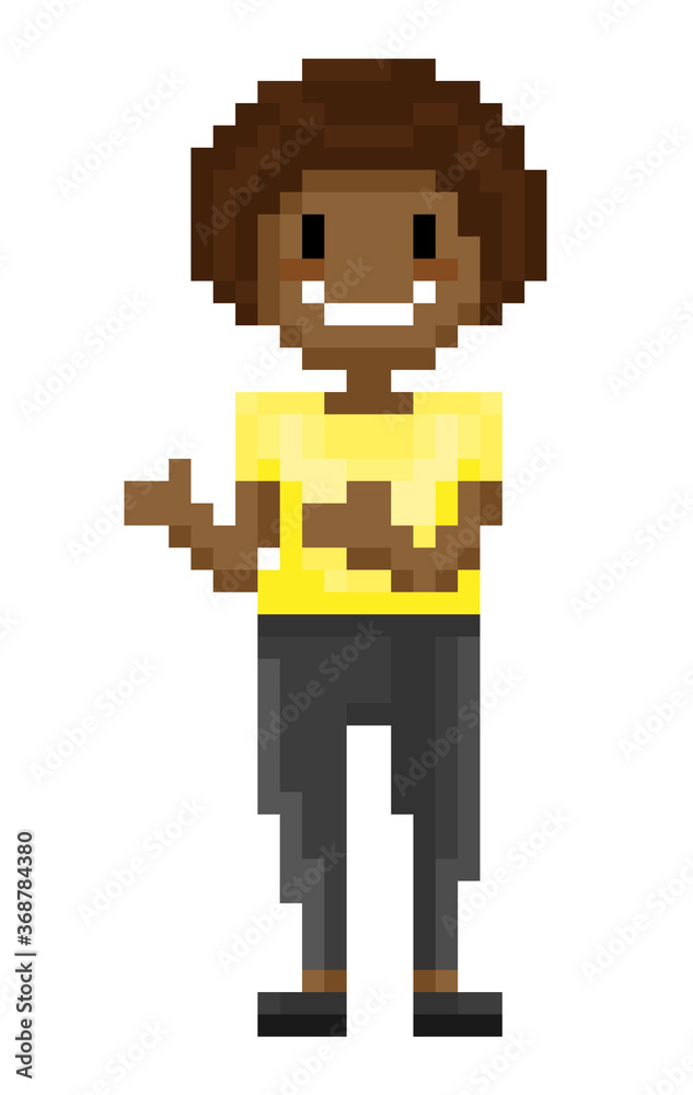 Obraz premium Afro American personage vector, isolated pixel character with smile on face, woman wearing tshirt and trousers, fashionable person gesturing 8 bit game