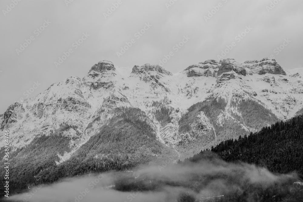 foggy snow covered mountains vintage