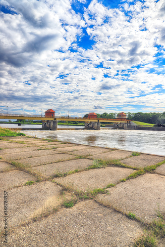 WROCLAW, POLAND - JULY 12, 2020: A water barrage on the Odra River in the village of Ratowice in the Czernica commune, near Wroclaw, Poland, Europe.