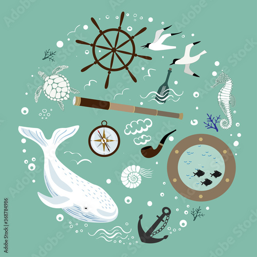 Set of items related to the sea