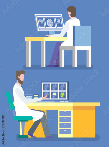 Medical workers looking at screens of computers vector, computed tomography examination. CT checkum mri, brain xray on monitor. Doctors in clinic