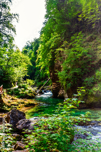 crystal clear water in a mountain river in an alpine gorge