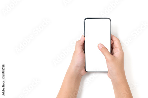 Child hand holding black smartphone with white screen for advertise or banner isolated