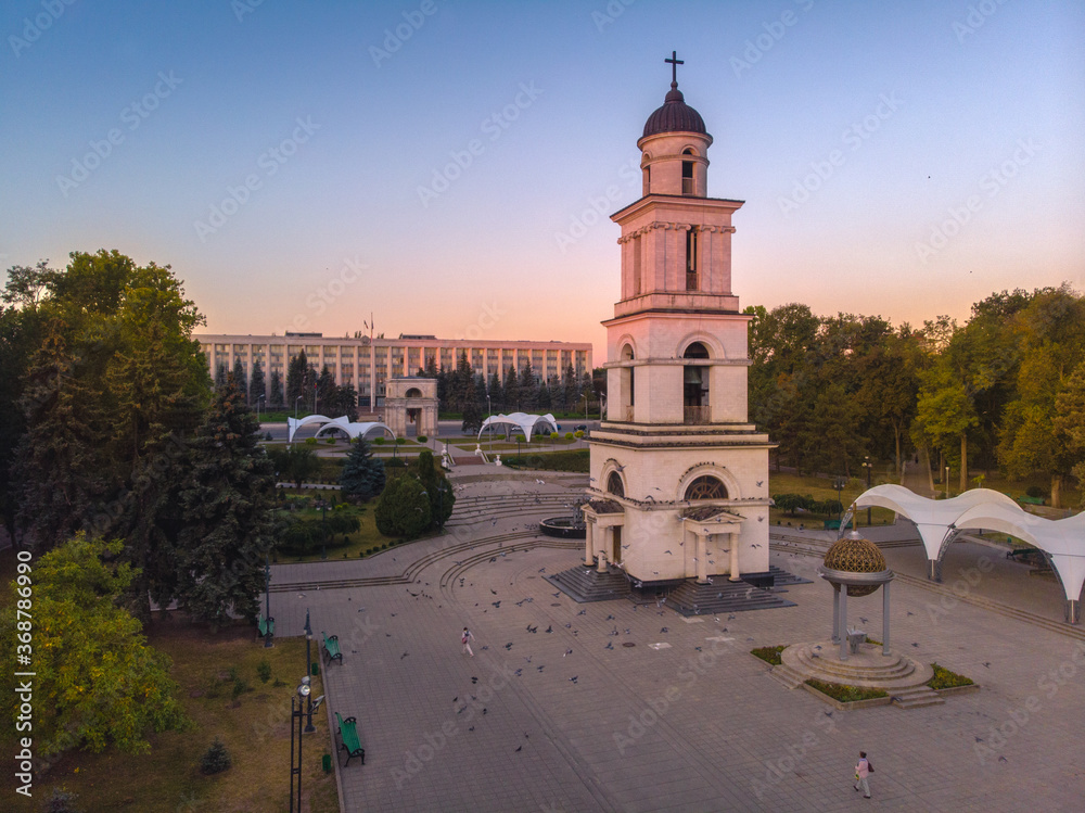 CHISINAU, MOLDOVA 2020. Bell tower of the Nativity Cathedral in Chisinau - Moldova. Aerial view