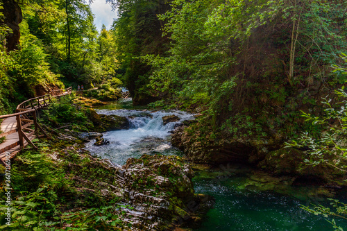 crystal clear water in a mountain river in an alpine gorge