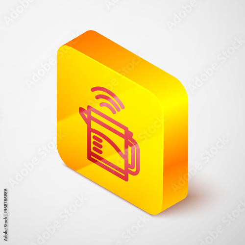 Isometric line Smart electric kettle system icon isolated on grey background. Teapot icon. Internet of things concept with wireless connection. Yellow square button. Vector.