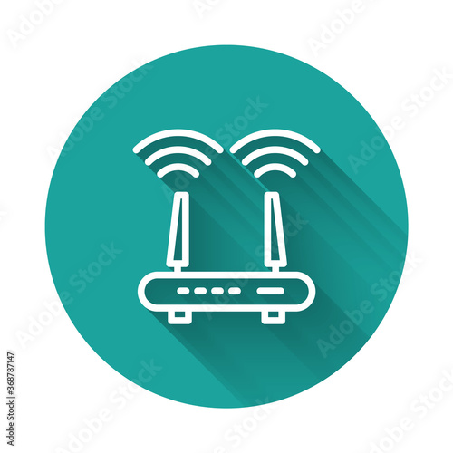 White line Router and wi-fi signal icon isolated with long shadow. Wireless ethernet modem router. Computer technology internet. Green circle button. Vector.