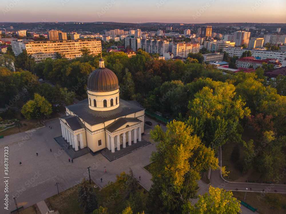 CHISINAU, MOLDOVA   2020. Bell tower of the Nativity Cathedral in Chisinau - Moldova. Aerial view