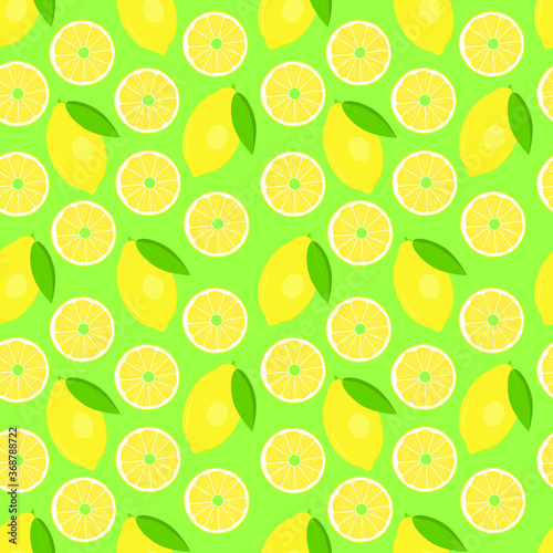 Lemon. Seamless vector pattern. Lemons and lemon slices. Background for design, packaging, wallpaper, fabric. Fruit pattern