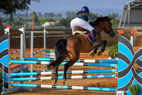 Rider jumps over obstacles during horse show jumping