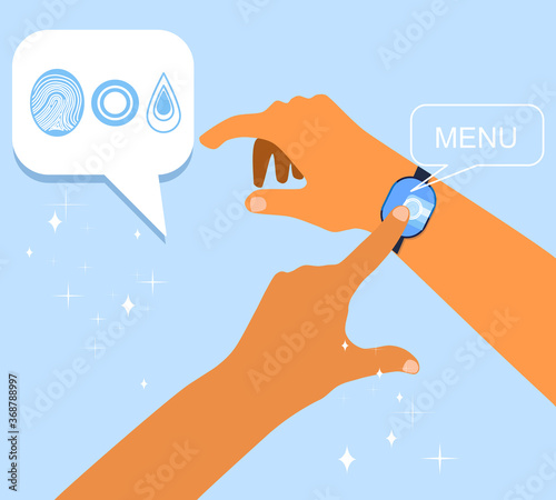 Force Touch technology concept. Human hand uses pressure sensors on digital smart Watch display. Various signs, fingerprint. Tap gesture flat vector icon for apps and websites.Waveforms and vibration photo
