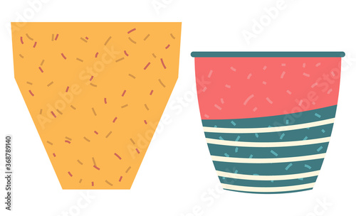 Set of striped vase isolated on white. Crockery decorative jar with waves ornament, color pot in flat style design, ceramic flowerpot. Handmade items from clay. Vase for flowers. Vector illustration