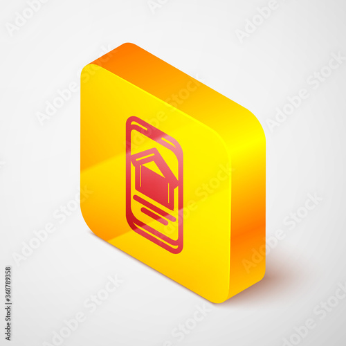 Isometric line Online real estate house on smartphone icon isolated on grey background. Home loan concept, rent, buy, buying a property. Yellow square button. Vector.