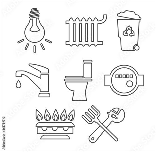Set of Vector icon. In closes such line icons as bulb, gas, toilet, water tap, trash can, battery, Water Icon and more.Vector home. Home heating and cooling system icons set. Vector Illustration
