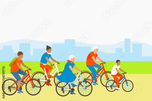 Mom, son, dad and grandparents are actively spending summer vacations. Family rides bicycles in a park outside the city.  Happy family sport activity. Flat vector cartoon illustration.