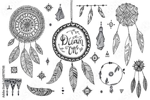 Vector boho decor set, collection of hand drawn doodle borders, dream catchers, dividers, design elements, arrows. Isolated. May be used for wedding invitations, birthday cards
