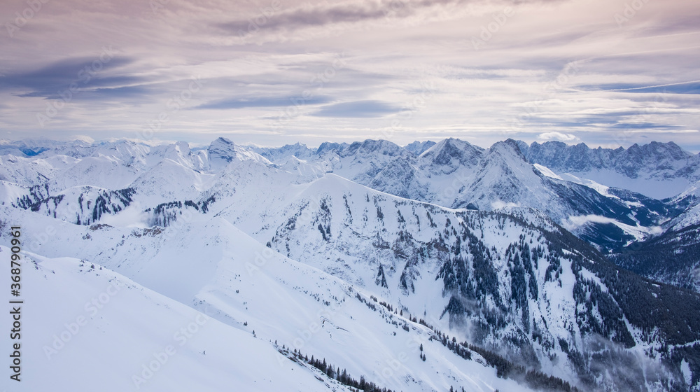 Winter panorama landscape in the Karwendel mountains at Schafreiter during sunset. - obrazy, fototapety, plakaty 