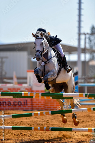 Rider jumps over obstacles during horse show jumping